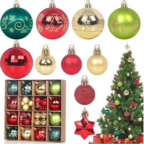 Lot de 44 boules de Noël colorées, boules de Noël multicolores, rouge, vert, or, incassables, en plastique, assorties et lumineuses, à suspendre pour décoration de Noël. (1/5)