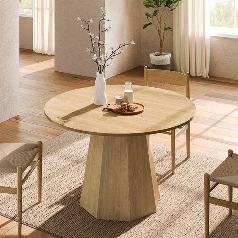 Table a manger ronde 120 cm, 4 a 6 personnes, en MDF, coloris chene, style scandinave (1/5)