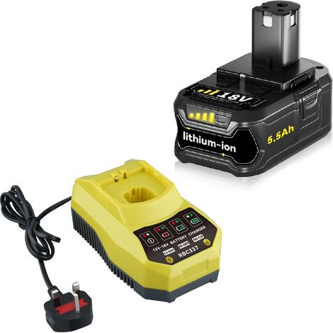 Ryobi 18V P108 18V 5,5Ah Ersatzakkus und Ladegerät-Set, für ONE+ 18V Lithium-Akku P104 P105 P102 P103 P107 P108, mit P117 P118 Schnellladegerät für Ryobi-Akku (1/5)