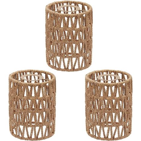 Set di 3 paralumi in rattan stile boho, 16 cm di altezza x 12,5 cm di diametro, colore giallo. (1/5)