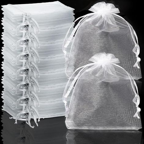 100 Sachets Organza 7x9cm, Blancs, Pochettes Cadeaux, pour Bijoux, Dragées, Lavande, Mariage, Cordon (1/4)