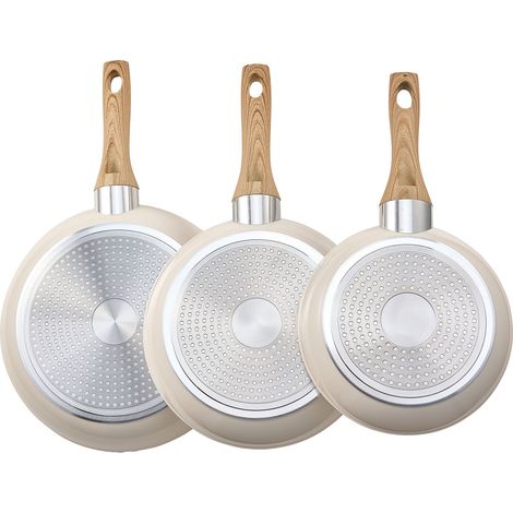 Mophorn Set di Padelle in Alluminio, 3 Pezzi, 200, 240, 280 mm, Rivestimento Antiaderente in Ceramica Resistente, Manico Isolante dal Calore, Adatte per Forno, Piani Elettrici e a Induzione, Beige (1/5)