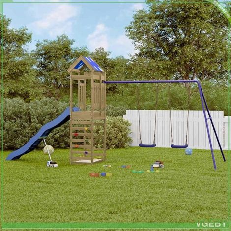 Aire de jeux d'extérieur - Modèle 3279168 - Bois de pin imprégné - Toboggan ondulé 210x40 cm - Balançoire double bleu (1/5)