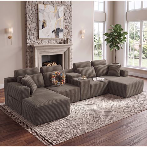 Sofá modular en U 372x151x80 cm de espuma taupe, 6 plazas con portavasos - CHICFURN (1/5)