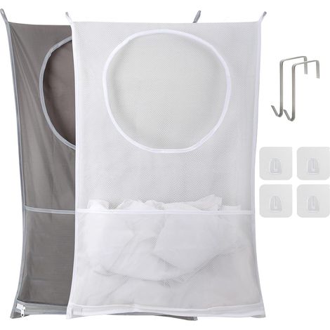 Lot de 2 paniers à linge suspendus à la porte Sacs à linge pliables sur la porte Sac à linge Grand panier de rangement pour vêtements pour économiser de l'espace Grand sac à linge (1 gris et 1 blanc) (1/5)