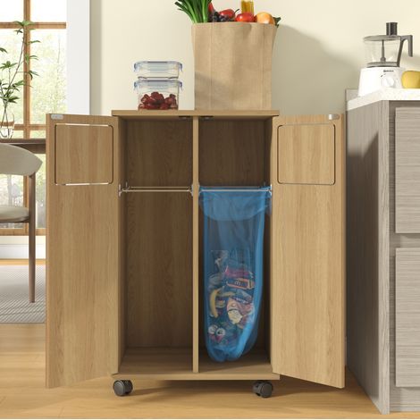 MEUBLIV meuble de tri des déchets 46,7x35x80,3 cm naturel – double compartiment sur roulettes (1/5)
