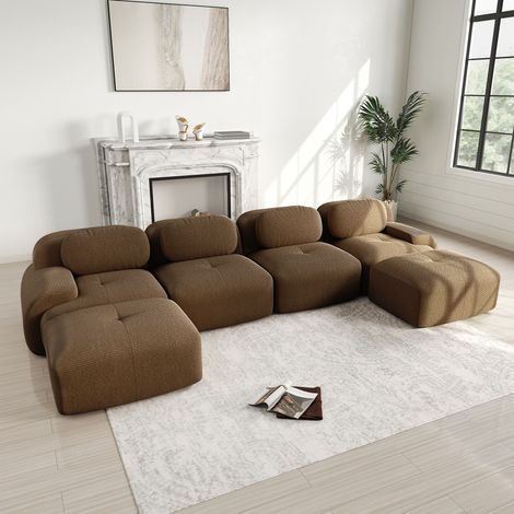 Divano modulare a U a 4 posti, velluto a coste con 2 pouf, elastico 32D, ergonomico, adatto agli animali domestici, 388x178x70cm, marrone