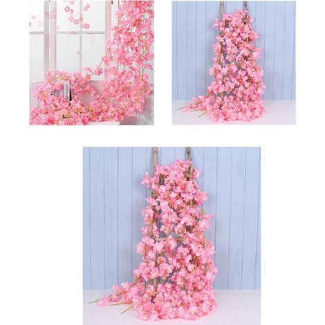Guirlande de fleurs de cerisier artificielles (256 fleurs) de 1,8 m, rose foncé, idéale pour décorer la maison, la chambre ou une fête printanière. (1/5)