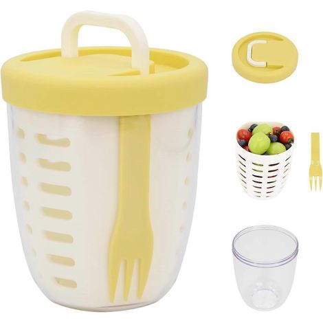 Saladier de fruits frais avec récipient de conservation, poignée pliable, couvercle, fourchette et panier d'égouttage inclus. Récipients alimentaires réutilisables et étanches avec passoire amovible. (1/5)