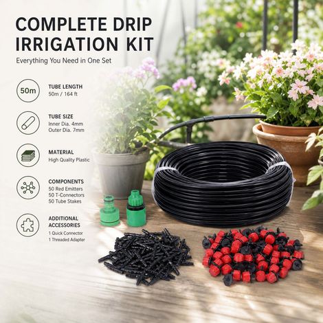 Sistema di irrigazione - 50 m - Irrigazione a goccia automatica per giardino, balcone e serra - Kit completo con 50 ugelli (1/5)