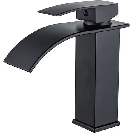 Robinet Cascade, Robinet D'évier de Salle de Bain en Acier Inoxydable Noir, Finition Polie, Économiseur d'Eau, Montage sur Pont, 1 Trou, 1 Levier, Cascade, 26 x 21 x 7,3 cm (1/4)