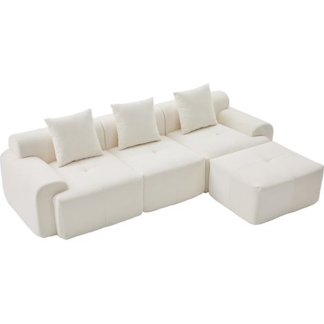 Sofá modular esquinero en L beige con puf, tejido de pana y espuma viscoelástica, 268 x 174 x 81 cm (1/5)