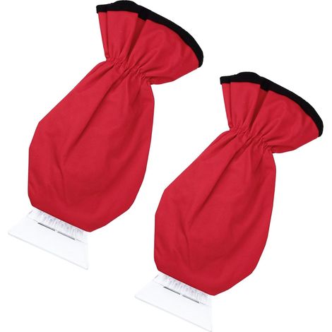 Lot de 2 grattoirs à glace avec gant, grattoir à pare-brise et gant en polaire épaisse, moufle imperméable pour déneigement de voitures, fenêtres, camions, voitures (rouge) (1/5)