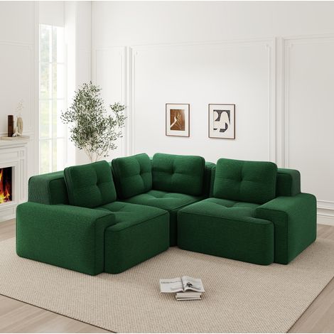 Divano angolare modulare verde in velluto a coste con seduta profonda, design antiscivolo e senza montaggio (1/5)