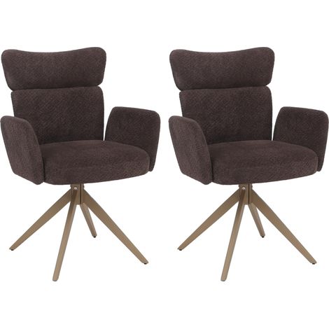2er-Set Esszimmerstuhl HHG-673, Stuhl, drehbar Auto-Return Stoff Bouclé 350g/m² Öko-Tex dunkelbraun, Beine Holz-Optik