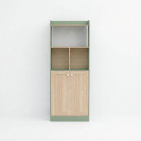 Estantería alta de pie con zona de exposición, 60 x 30 x 161,2 cm, verde y efecto madera, HOMVRA (1/5)