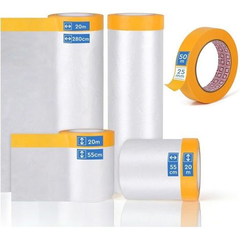 4 Rouleaux de Bache Protection Peinture avec Ruban Masquage Adhésif 280 cm x 20 m x 1, 150 cm x 20 m x 1, 55 cm x 20 m x 2 de Film de Masquage et 1 Masking Tape 25 mm x 50 m (1/5)