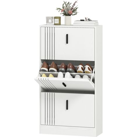 Dreitüriger Schuhschrank für 18 Paar Schuhe, weißes Holz, 63 x 24 x 117 cm (1/5)