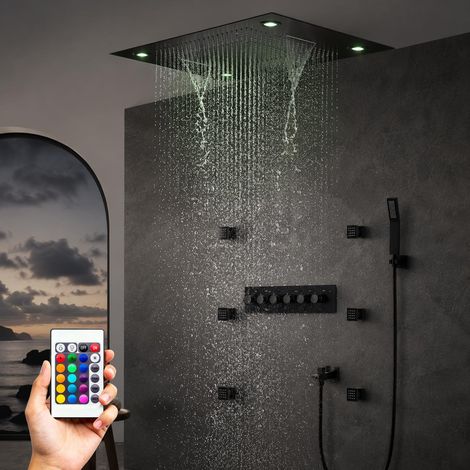 Columna Ducha Termostática LED Sistema de Ducha Música Negro Empotrada RGB 12 Colores, con 5 Modos Cabezal de Ducha de 600x800 mm, 6pcs 50 50 mm Chorros de Masaje, Ducha de Mano (1/5)
