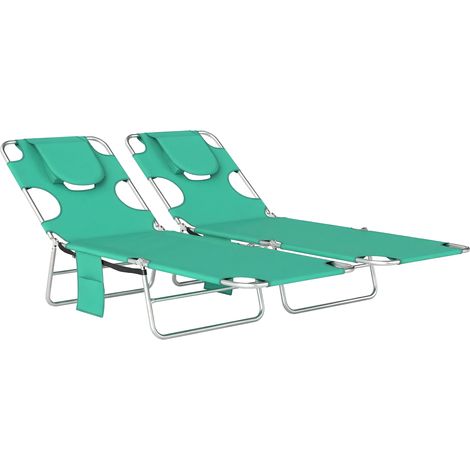 Outsunny 2 Sun Loungers with Reading Hole, Folding Garden Lounger, Green