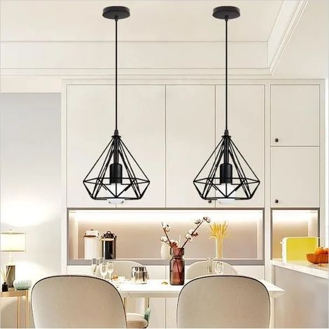 Lot de 2 Lampe Suspension Retro en Cage Diamant Noir Lustre Suspension Industrielle Style Vintage en Métal pour Salon Chambre (1/4)