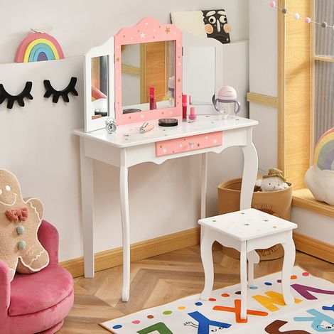 Ensemble Coiffeuse et Tabouret pour Enfants Miroir à 3 Volets Amovible Table de Maquillage avec Tiroir Blanc Maison Chic (1/4)