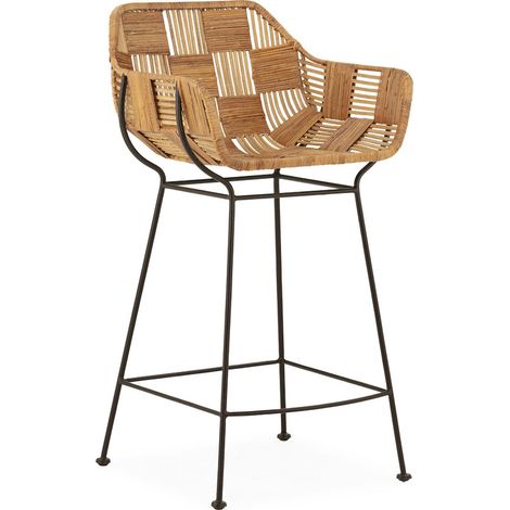 Tabouret haut métal et osier noir naturel assise confortable - naturel osier et métal noir (1/5)
