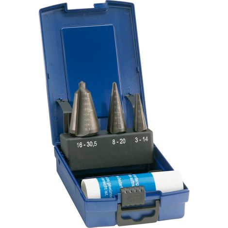 Jeu de forets perce-tôle de précision (foret à coupe progressive), acier à coupe rapide, revêtement traité à la vapeur, Capacité de perçage : 3-30,5 mm (1/3)