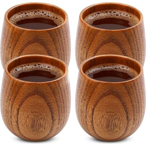 Lot de 4 gobelets en bois naturel - 200 ml - Design simple - Pour café et thé - Pour la maison et le bureau (1/5)