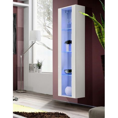 Paris Prix – Vitrine LED murale 170cm – Structure panneaux de particules stratifiés – Façades MDF blanc brillant – Système d'éclairage bleu – Ouverture Push & Touch (1/4)