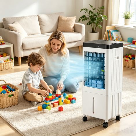 Tragbarer Verdunstungskühlventilator, 10-Liter-Tank, 7,5-Stunden-Timer, inklusive Fernbedienung, tragbare Klimaanlage für den Innenbereich
