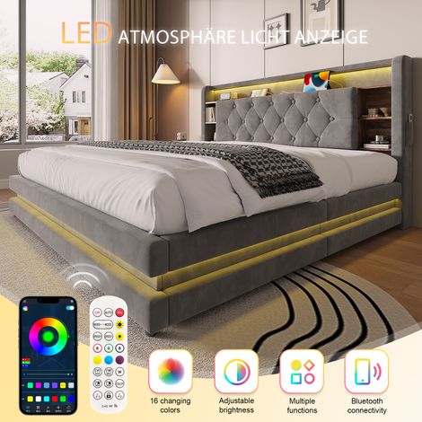 Lit capitonné 160x200 cm gris anthracite, sommier à lattes intégré, tête de lit avec LED, ports USB-C, rangements ouverts, vérins hydrauliques, tissu velours, fonctionnel et moderne. (1/5)