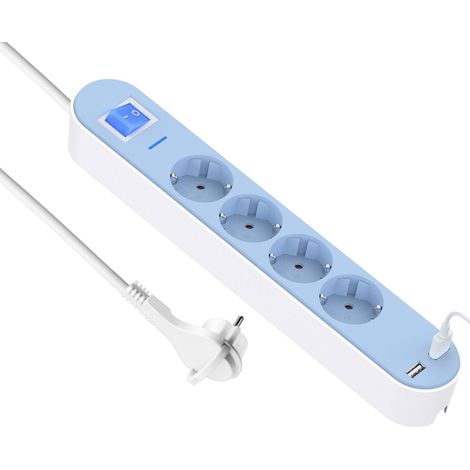 Multiprise 4 prises avec fiche plate, USB, Interrupteur, multiprise avec câble de 1,5 m, montage mural (1/5)