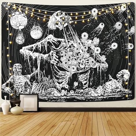 BEBUSINGOTO Tapisserie de tête de mort, tapisserie d'oeil mystique, tapisserie de tête de mort, tapisserie murale noire et blanche à suspendre pour chambre à coucher, salon (51,2 x 59,1 pouces) (1/4)