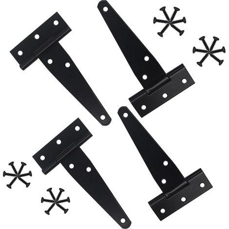 Lot de 4 4 Pouces T-Strap Heavy Duty Hangar Porte Charnières Porte Sangle Charnières Noir Tee Charnière Quincaillerie Forgée pour Hangar en Bois Grange Porte Clôture Porte Swing Cour Porte (1/5)