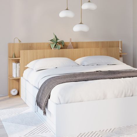 Cabecero de pie JULIETTE para camas de 140 y 160 cm con compartimentos portaobjetos efecto listones de madera