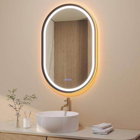 Badspiegel mit Beleuchtung Oval schwarz Aluminiumrahmen LED dimmbar Doppelbeleuchtung 6400K & 3000K Antibeschlag quer senkrecht Schrägdesign IP44 klare Spiegelung Langlebig 60 Breite 90 Höhe (1/5)
