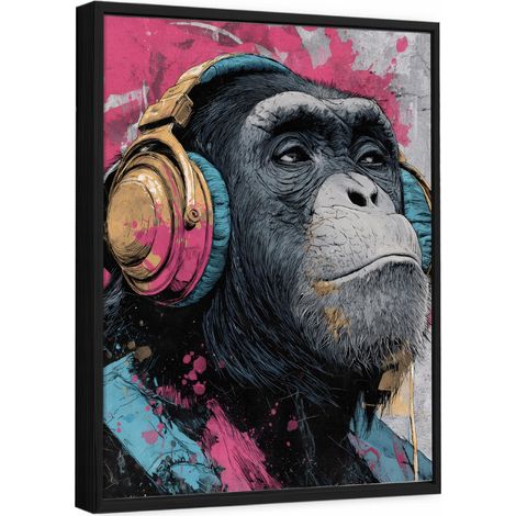 Tableau sur toile avec cadre noir – Graffiti de singe – 120 x 80 cm (1/5)