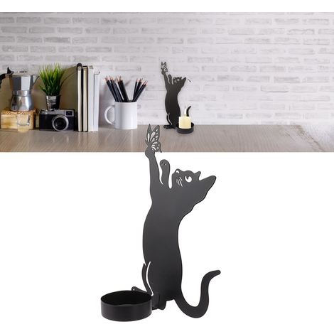 Portavelas decorativo de hierro con forma de gato persiguiendo una mariposa, ideal para mesas, fiestas y como decoración del hogar. (1/5)