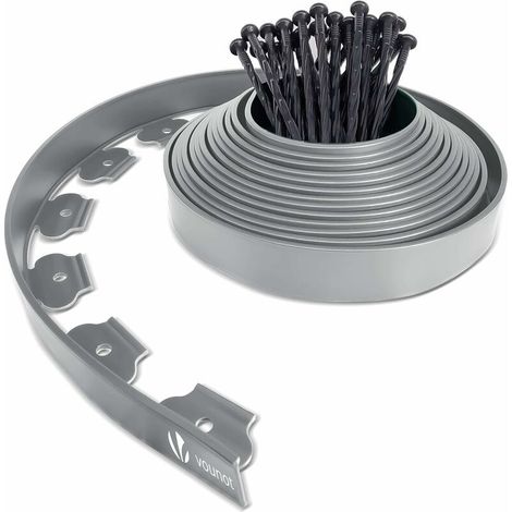Bordure de Jardin en Plastique 5 mètres avec 15 Piquets d'ancrage Bordurette de Pelouse Flexible Bordure de Gazon avec piquets Solides Idée de Jardin Hauteur 50mm, Epaisseur 4mm Gris (1/4)