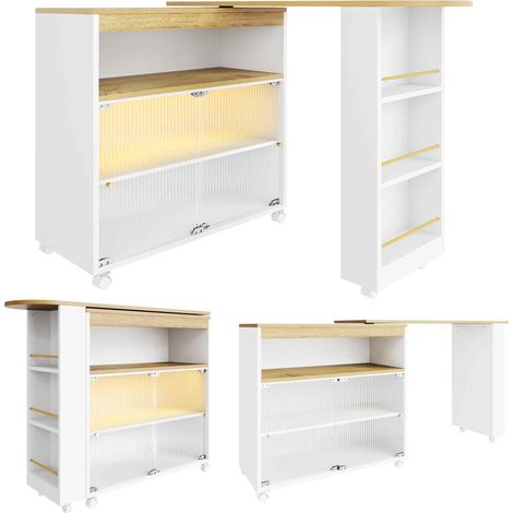CAIziTable de bar extensible avec rangement, table de bar mobile moderne, table de bar télescopique avec LED, table haute, table bistrot, îlot de cuisine, grand espace de rangement, blanc(138-204×39×1