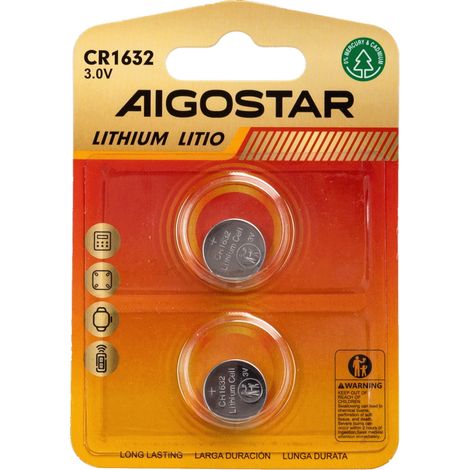 Batteria bottone Aigostar 3V CR1632 Litio confezione da 2 pile