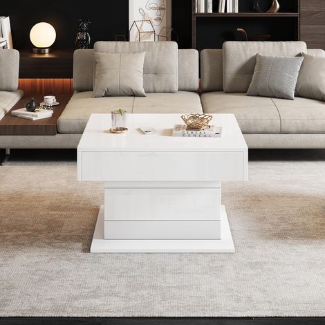 707045cm geometrischer Kaffeetish,Obere Tischplatte 360° frei drehbar,anhebbarer Couchtisch mit 1 Schublade,hochglänzende Wohnzimmertisch mit verstecktem Stauraum, Sofatisch,Beistelltisch,Weiß (1/5)