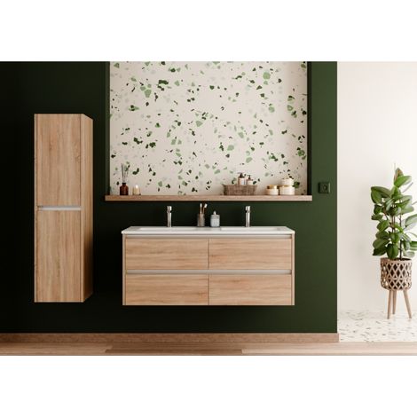 Sanitaire – Meuble double vasque 120cm en bois clair – 4 tiroirs avec fermeture amortie – Plan en céramique blanc brillant (1/5)