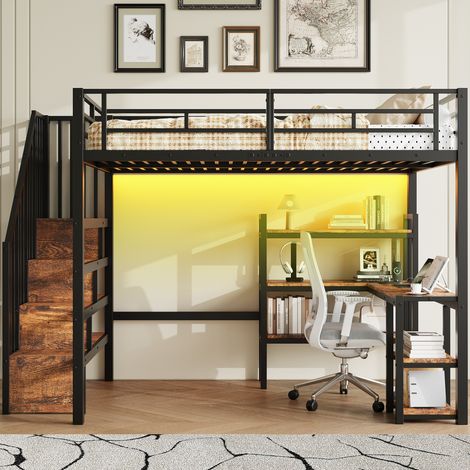 Lit mezzanine 140x200 avec bureau escalier rangements LED USB métal MDF noir