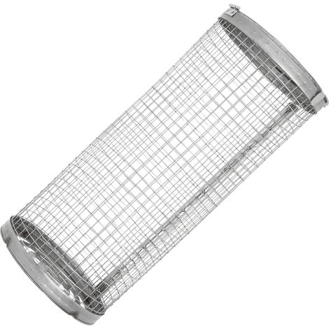 Panier à barbecue roulant à grille ouverte en acier inoxydable, cylindrique, pour poisson, légumes et frites. (1/5)