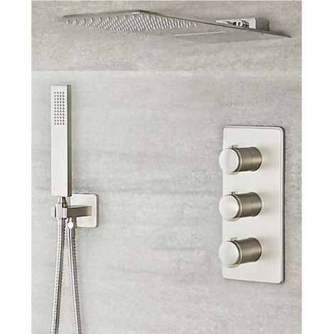 Milano Hunston 3 Outlet Triple Diverter Thermostatic Mixer Shower Valve with Wall Mounted 200mm x 500mm Rainfall & Waterblade Shower Head and Hand Shower Handset Kit – Brushed Nickel (1/5)
