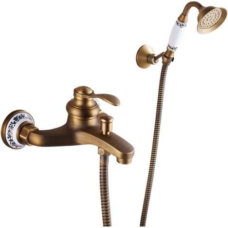 Mitigeur de baignoire mural en laiton antique – Douchette à main avec flexible 1,5m – Résistant à la corrosion et haute pression – Grid Cool (1/5)