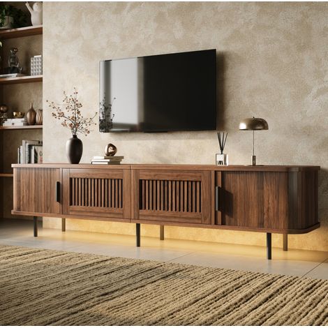 Meuble TV arrondi noyer avec 2 tiroirs et 2 portes coulissantes, 180x40x44,5 cm (1/5)
