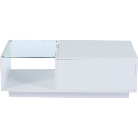 Hochglanz-LED-Couchtisch 100 x 50 x 33 cm Weiß mit verstecktem Fach und Ablage (1/5)